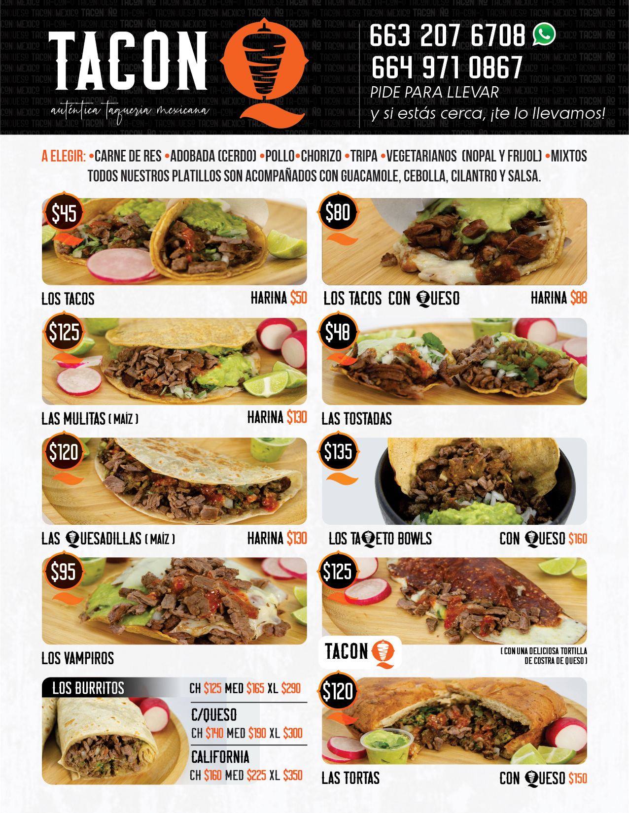 Men&uacute; digital de taquer&iacute;a TAC&Oacute;N Q en Tijuana que muestra platillos como tacos, quesadillas, mulitas, vampiros y burritos con precios y opciones de carne de res, adobada y pollo acompa&ntilde;ados de guacamole.