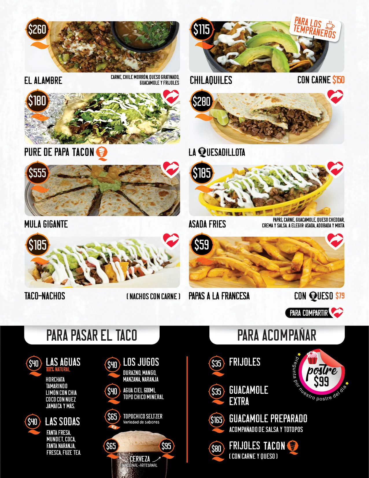 Men&uacute; digital de TAC&Oacute;N Q en Tijuana con especialidades para compartir como Alambre, Chilaquiles, Pur&eacute; de Papa Tac&oacute;n, Quesadillota, Mula Gigante, Asada Fries y Taco-Nachos, adem&aacute;s de secci&oacute;n de aguas frescas, sodas, jugos y acompa&ntilde;amientos con frijoles y guacamole.